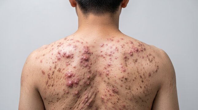 Rear view of a man suffering from severe cystic back acne, pustules, and scarring