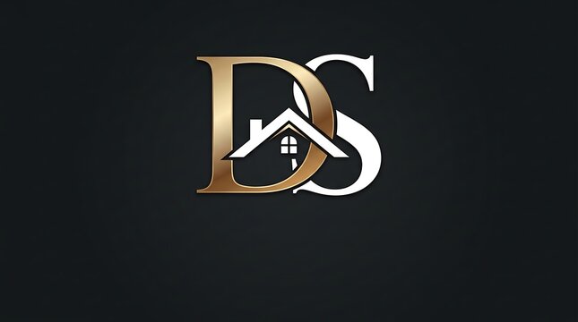 Gold and white DS monogram logo with house roof icon on dark