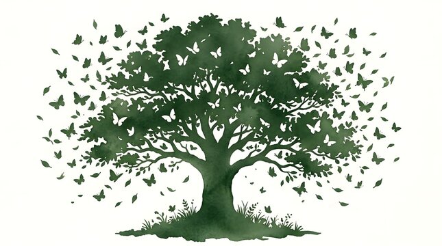 An ic depiction of a full grown tree with dense foliage  surrounded by numerous white butterflies and scattered green leaves on a light colored surface