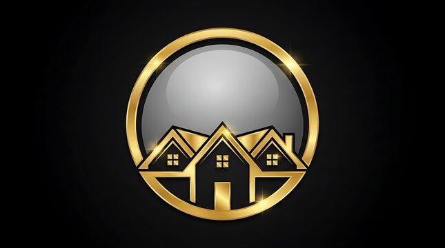 Golden real estate logo design with house icon on black background