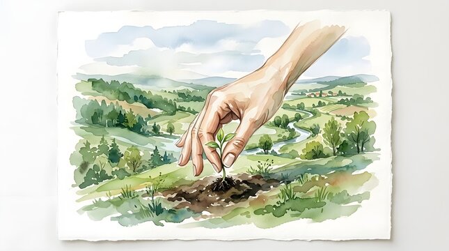 An illustrated watercolor scene showing a human hand placing a young plant into freshly turned earth  set against a lush countryside with forests  fields  and a meandering river under soft clouds