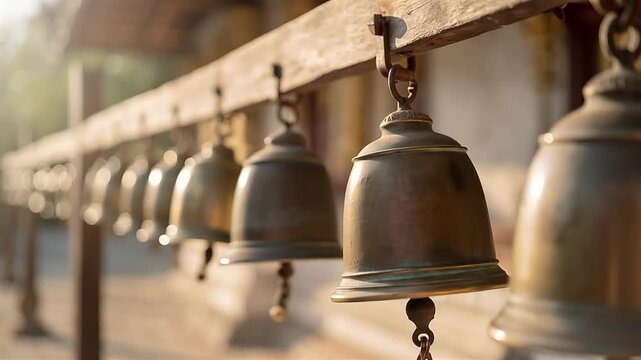 Row of hanging bronze bells in soft sunlight with shallow depth of field