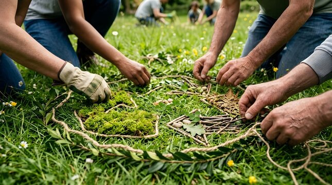 Multiple individuals are carefully placing moss  sticks  leaves  and stones to form a decorative circle on lush green grass under daylight