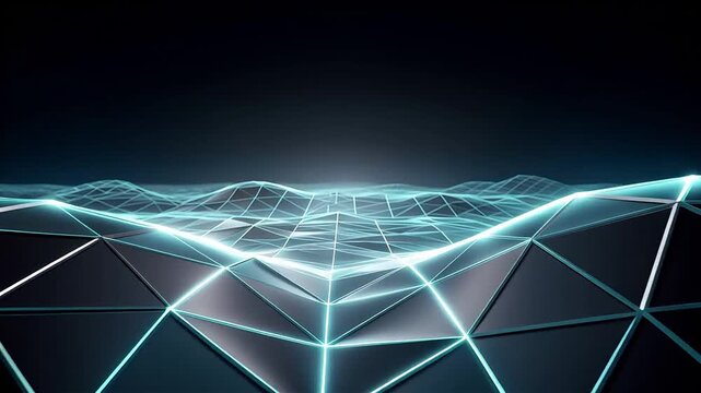 Futuristic glowing grid waves forming a digital landscape on dark background