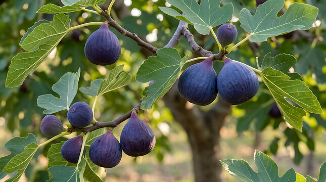 Fresh purple figs growing on a tree branch in a sunny orchard