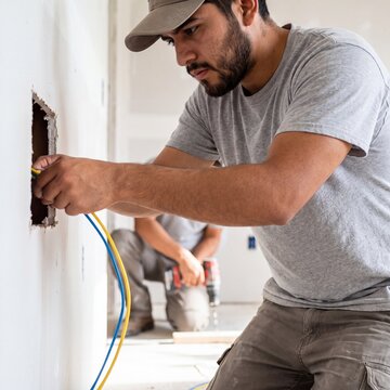 Electricista hispano instalando cableado casa obra