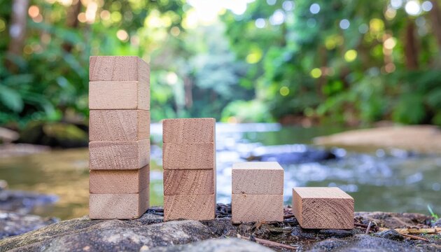 Wooden blocks arranged as a bar chart on a river stone with a flowing stream and lush green forest bokeh background, symbolizing growth and ecological progress.