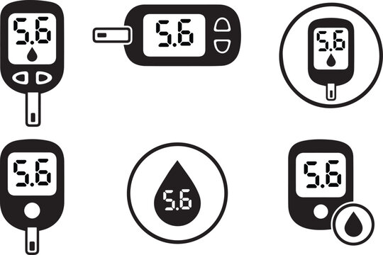 Diabetes Blood Glucose Monitor Icon Vector Set &ndash; Blood Sugar Level and Insulin Management