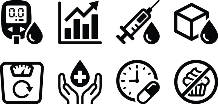 Diabetes Blood Glucose Monitor Icon Vector Set &ndash; Blood Sugar Level and Insulin Management