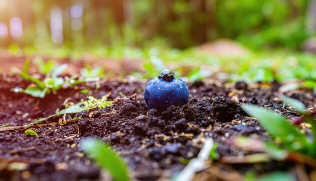 Macro photograph of a single fresh blueberry covered in sparkling water droplets resting on dark moist garden soil with blurred green foliage and sunlight in the background.