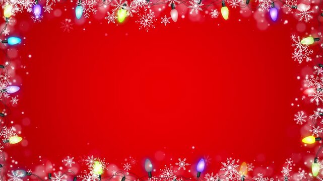 Christmas Snowfall and Colorful String Lights border frame on Red animation, New Year and Holiday Celebration Videos Social Media Motion Background
