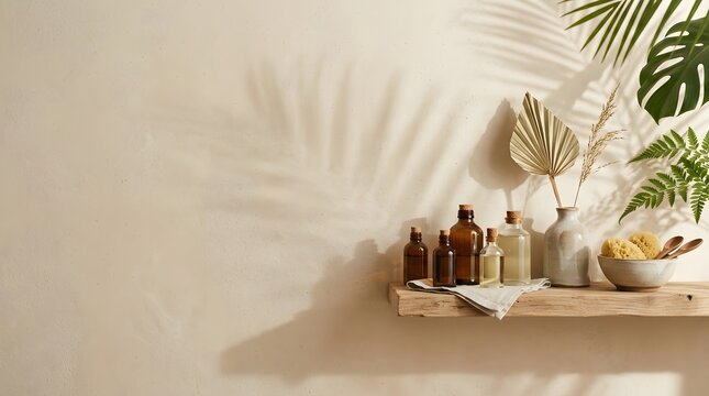 On a rustic wooden shelf against a smooth beige wall  several amber glass bottles with cork stoppers sit beside ceramic vases holding tropical leaves and ferns