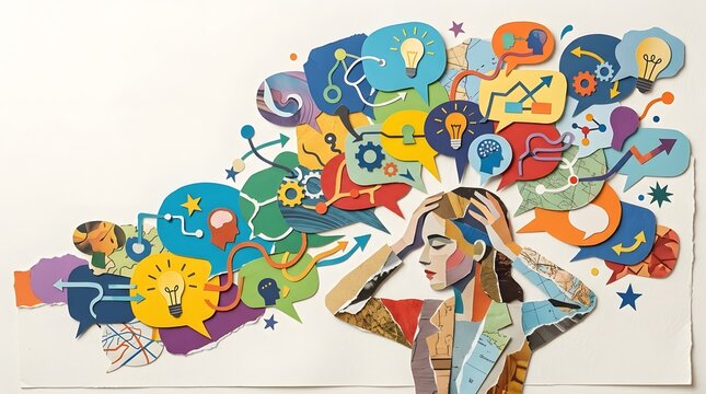 An ic paper cut style illust n showing a human figure with abstract thought elements such as lightbulbs  gears  and arrows emerging from their head in vibrant colors