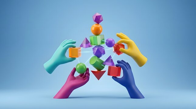 A composition featuring four stylized  brightly colored hands interacting with an arrangement of diverse three dimensional geometric forms on a plain blue surface