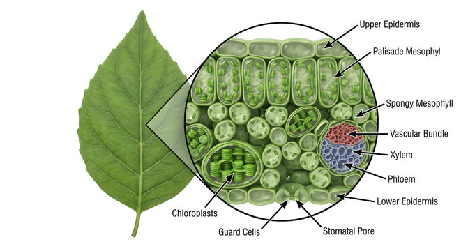leaf anatomy diagram showing internal cellular structure with upper and lower epidermis palisade mesophyll spongy mesophyll vascular bundle xylem phloem chloroplasts guard cells and stomatal pore