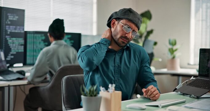 Programmer, technology and neck pain with burnout, tired or bad posture of software engineer. Male person, computer and coworking at workplace or frustrated with sore muscle, exhausted or coding job