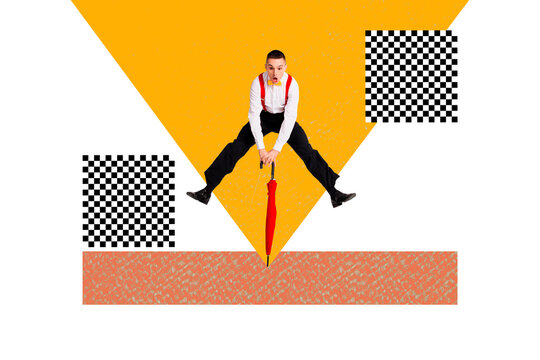 Creative sketch art collage of shocked dandy man jump parasol dancehall occasion celebration breakdance salsa entertainment