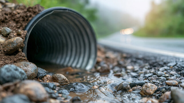 Corrugated drainage culvert pipe channeling water alongside a rural road, with blurred car lights in the background