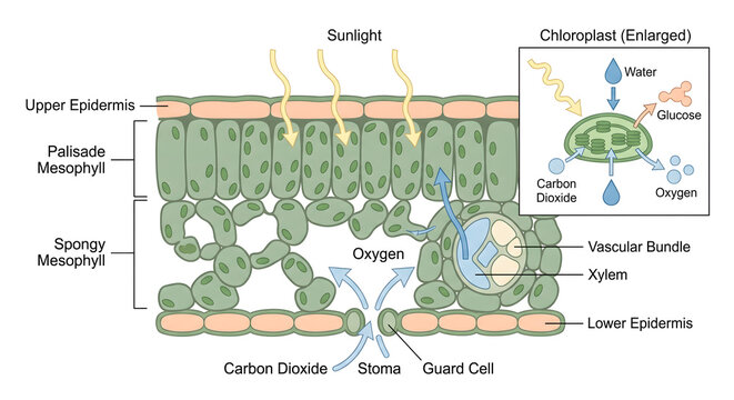 photosynthesis diagram showing plant leaf cross section with chloroplast structure sunlight absorption water carbon dioxide conversion into glucose and oxygen for science education textbook
