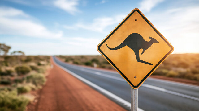 Kangaroo crossing warning sign along an outback road in australia, travel and road trip concept