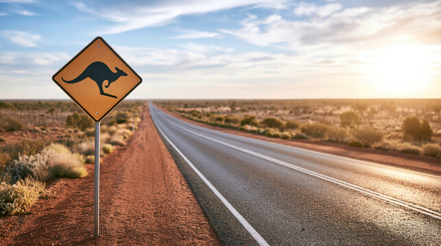 Kangaroo warning sign on an outback road representing australian travel, wildlife, and remote journey at sunset