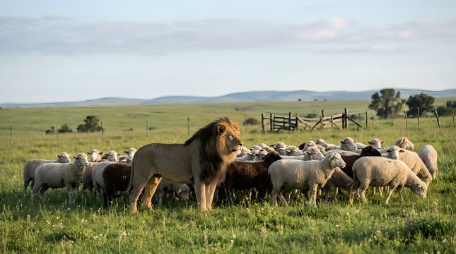 A large male lion is positioned within a herd of sheep  all standing or grazing on green pastureland with rolling hills and sparse trees visible in the background under soft daylight