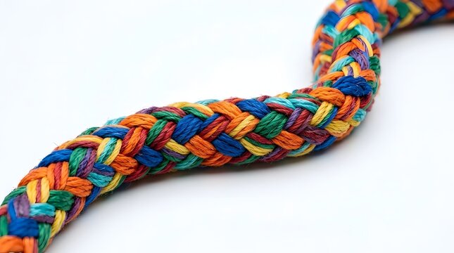 Close up of a handcrafted multicolored braided cord featuring interwoven strands of red  blue  green  orange  and yellow on a clean white surface