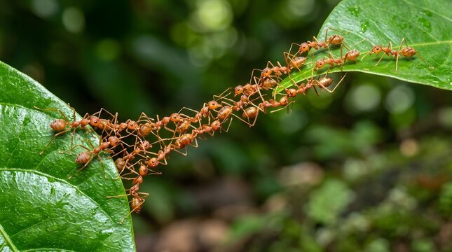 Numerous reddish brown ants form a continuous chain  traversing the surface of vibrant green foliage against a softly blurred background of dense vegetation