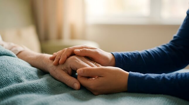 Close up of two people s hands clasped together  resting on a textured teal blanket  with natural light coming from a blurred background window