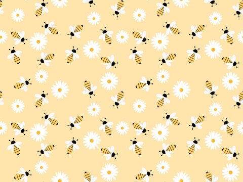 Densely Packed Bumblebees and White Daisies Seamless Pattern on Cream
