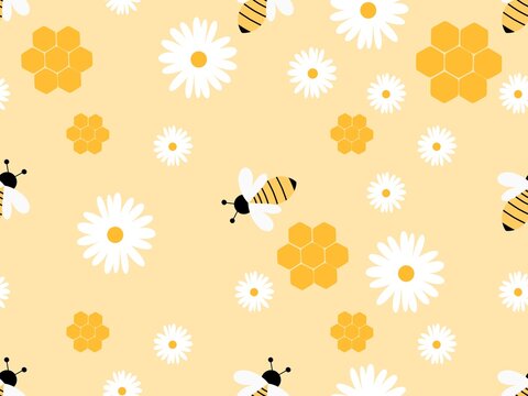 Large Bumblebees, Daisies, and Single Honeycombs Seamless Pattern