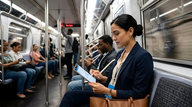 A professional looking woman sits calmly on a moving subway car  intently interacting with her digital device as commuters around her engage in various activities during transit