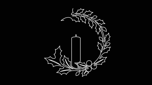 Self drawing animation of advent wreath with candle flame on black background representing traditional Christmas symbol.