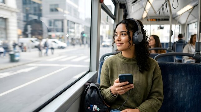 A young woman wearing over ear headphones and a green sweater is seated inside a bus or tram  gazing outside at city streets and vehicles passing by