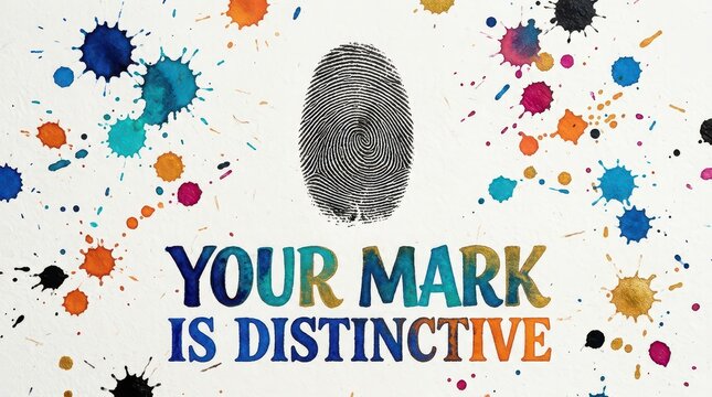 Fingerprint and colorful ink splatters with text 'Your Mark is Distinctive'