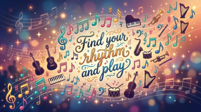 Find Your Rhythm and Play: A Vibrant Collage of Musical Instruments and Notes