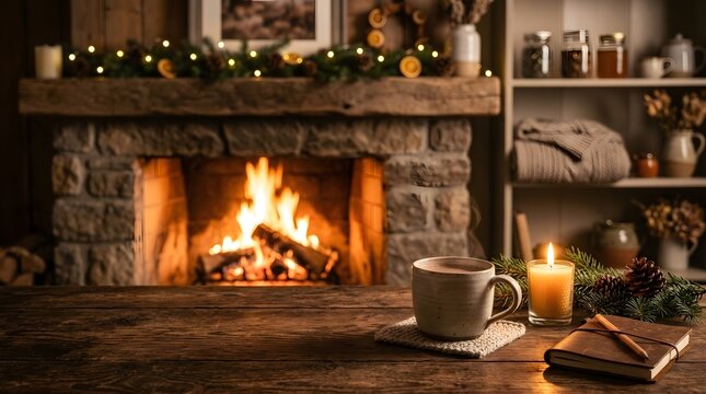 Warm interior featuring stone fireplace with fire  rustic wooden table with ceramic mug  lit candle  notebook  pinecones  and evergreen garland adorned with lights on mantel