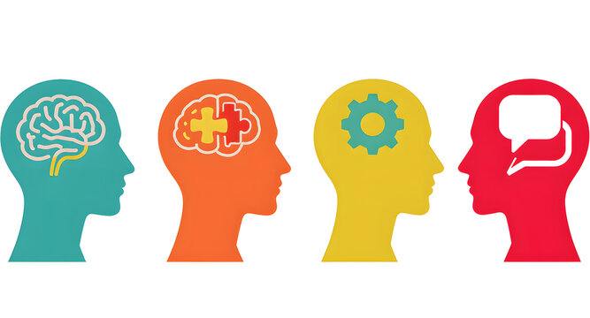Four colorful human head silhouettes representing different cognitive functions like logic creativity problem solving and communication skills on white background