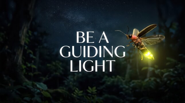 Firefly glowing in dark forest at night, symbolizing hope and guidance