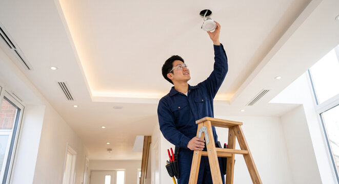 室内で天井のLEDダウンライトを取り付け交換する男性電気工事士