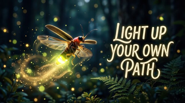Firefly glowing in dark forest at night, leaving a trail of light, inspiring quote