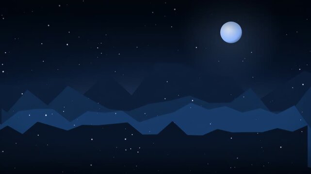Animated low poly night landscape with a glowing full moon and twinkling stars in the sky