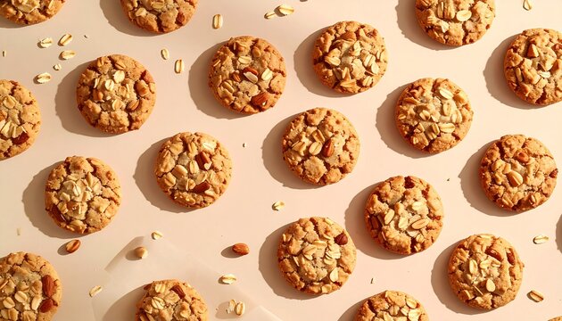 Oatmeal Nut Cookies Pattern with Almonds on Warm Beige Background