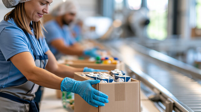 Warehouse employees in disposable food-safe gloves and hairnets packing plain cardboard boxes with dairy, beverages and packaged groceries on a sorting table, conveyor belt in the