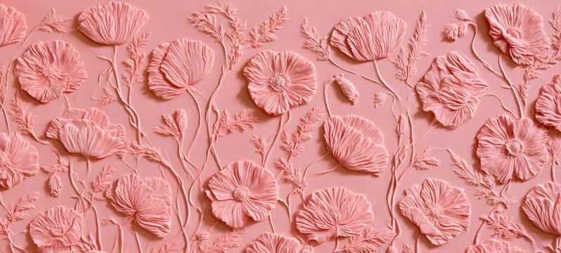 Bas-relief mural monochromatique en pl&acirc;tre rose repr&eacute;sentant des coquelicots sculpt&eacute;s, id&eacute;al pour papier peint de luxe, arri&egrave;re-plan esth&eacute;tique et design d'int&eacute;rieur moderne