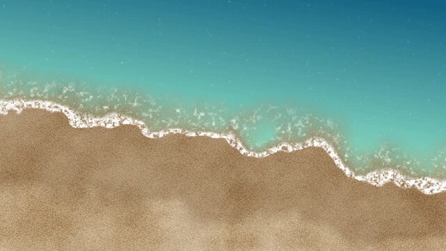 Aerial view moving along a sandy beach as turquoise waves wash ashore with white foam
