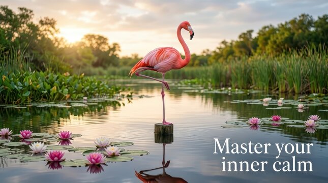 Flamingo standing on one leg in serene water with lotus flowers at sunset