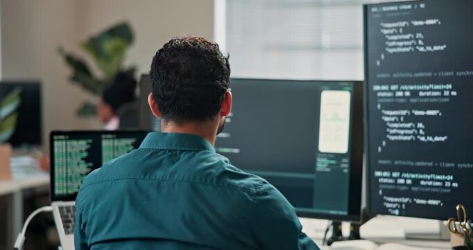 Coding, review or man in office with computer, troubleshoot software or debug error in web update. Back, digital or code editor with tech, script correction or system evaluation in programming agency
