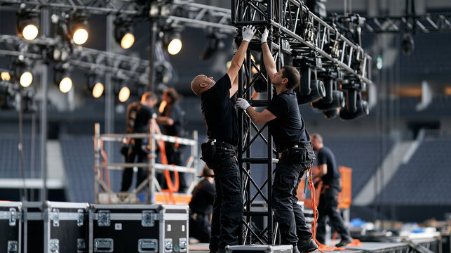 Stage crew assembling a large concert stage, technicians in black clothing and work gloves mounting truss and lighting rigs, riggers on scaffolding, flight cases on the floor, empt