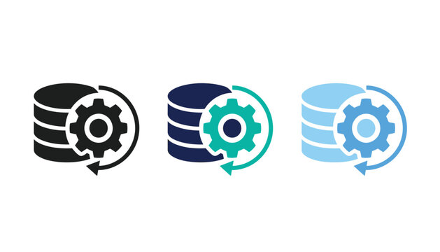Database configuration icon set, vector illustration of data storage with gear and circular arrow symbol for settings or maintenance